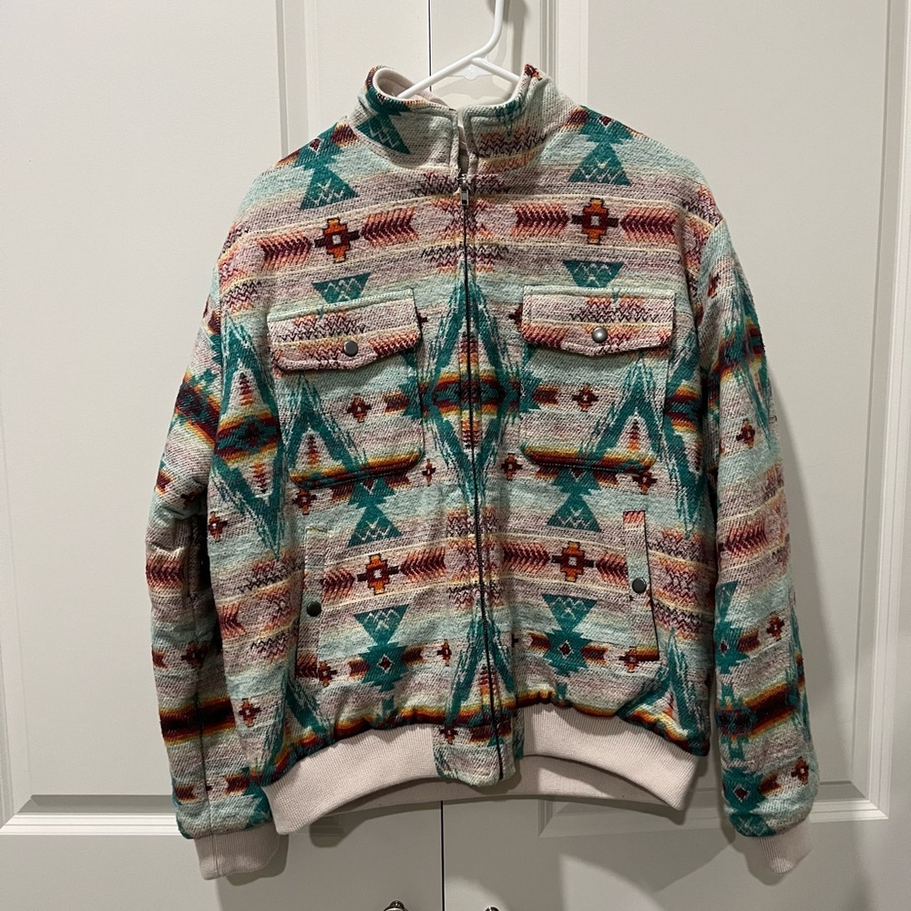 Woven Aztec Bomber Jacket in Teal & Cream
